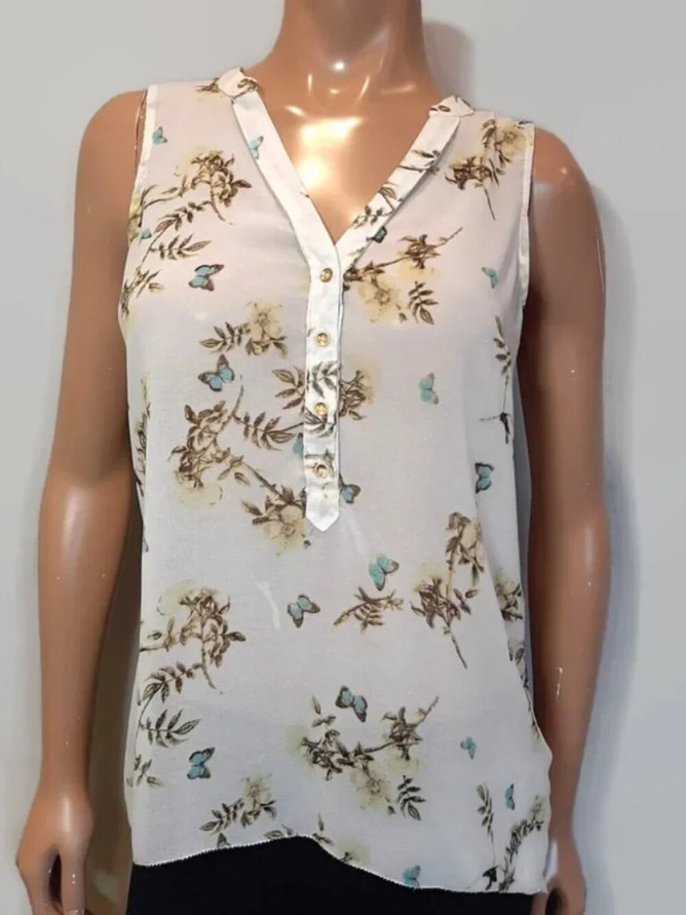 Dynamite Sheer Sleeveless Henley Top Butterfly Vneck Whimsigoth Summer